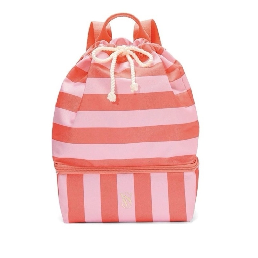 Victoria's Secret Pink Stripe Drawstring Backpack Insulated Cooler Bottom Bag